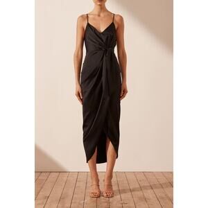 Shona Joy Black Luxe Tie Front Sleeveless Cocktail Midi Dress Size 10